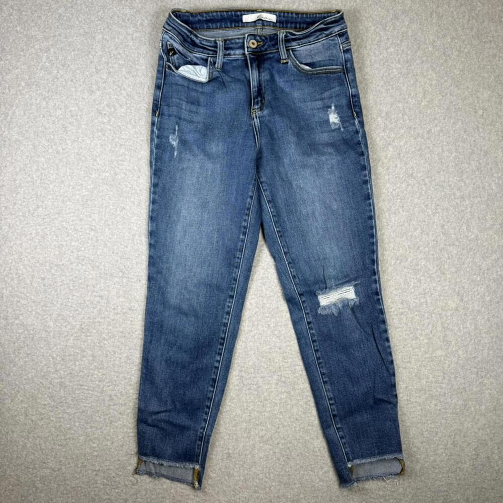KanCan Women’s Distressed Skinny Jeans Raw Hem Blue Denim Sz 7/27